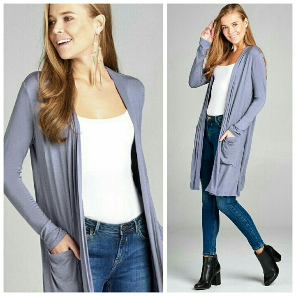 Blue long open front cardigan with pockets